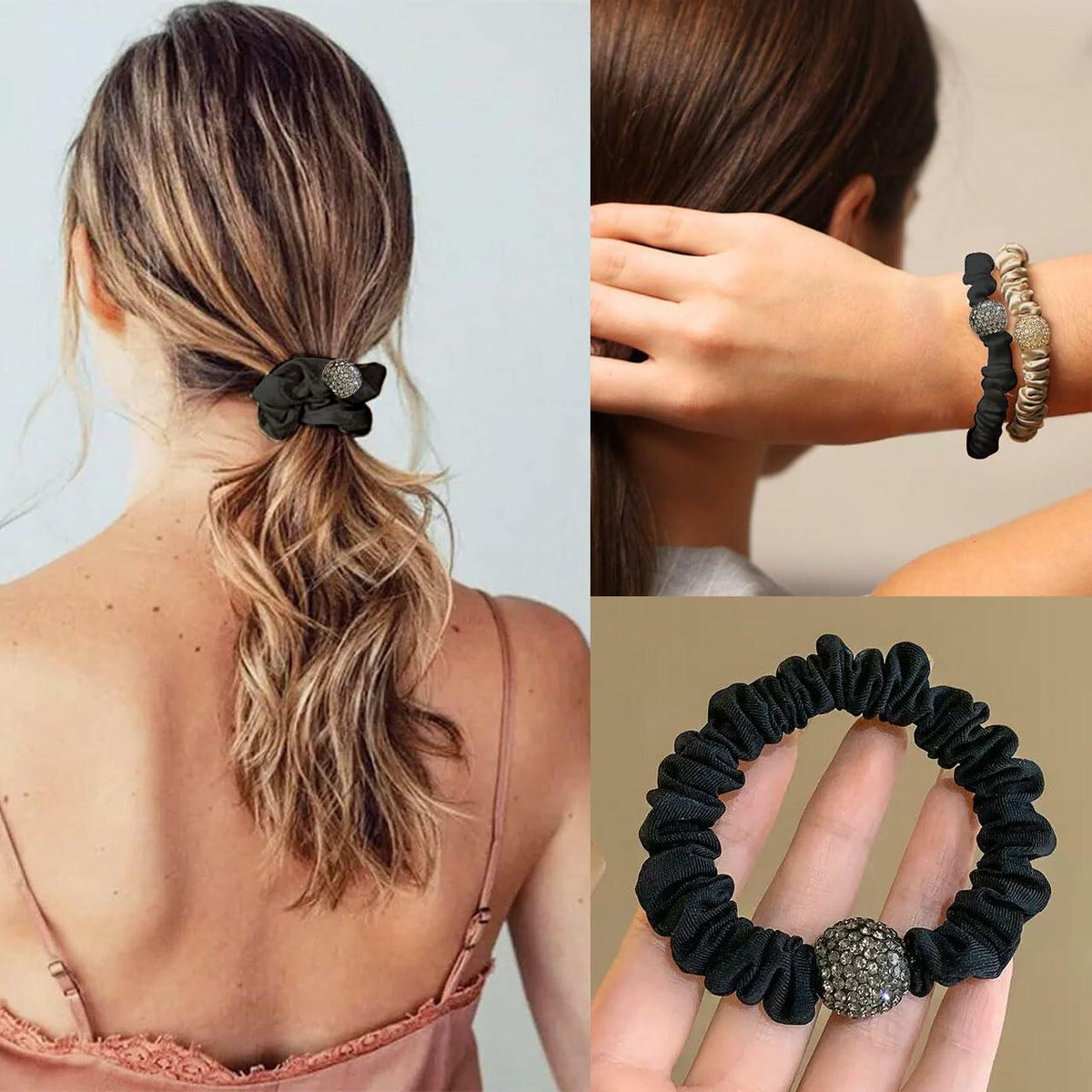 Generic Silk Hair Scrunchies for Women Black Elastic Satin Hair Ties