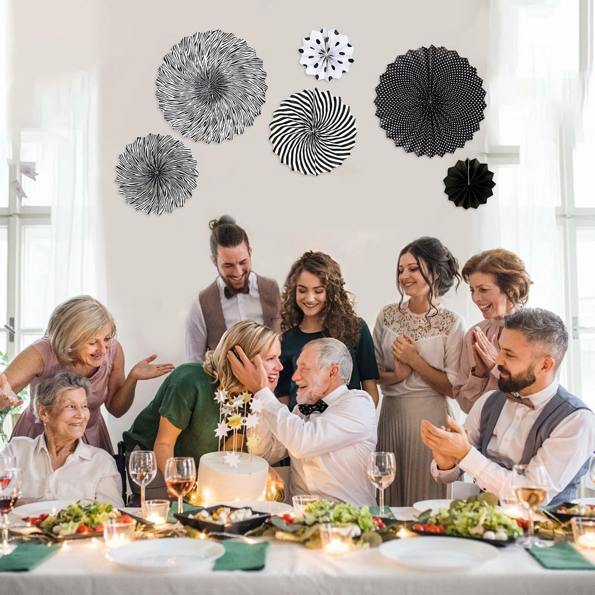 6PCS Black Hanging Paper Fans Party Decorations for Birthday, Wedding & Shower