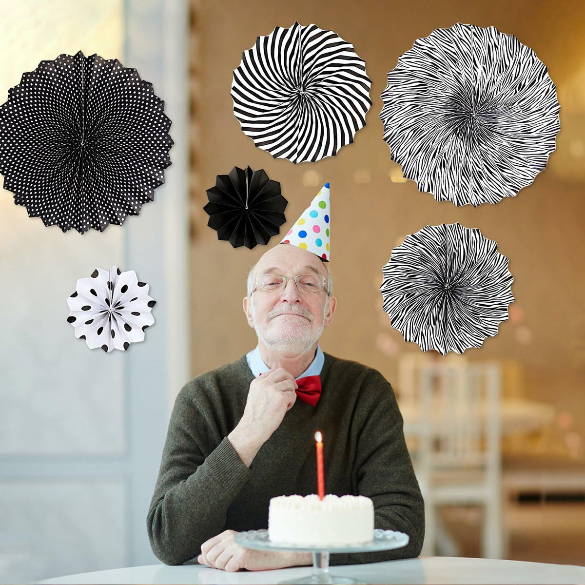 6PCS Black Hanging Paper Fans Party Decorations for Birthday, Wedding & Shower