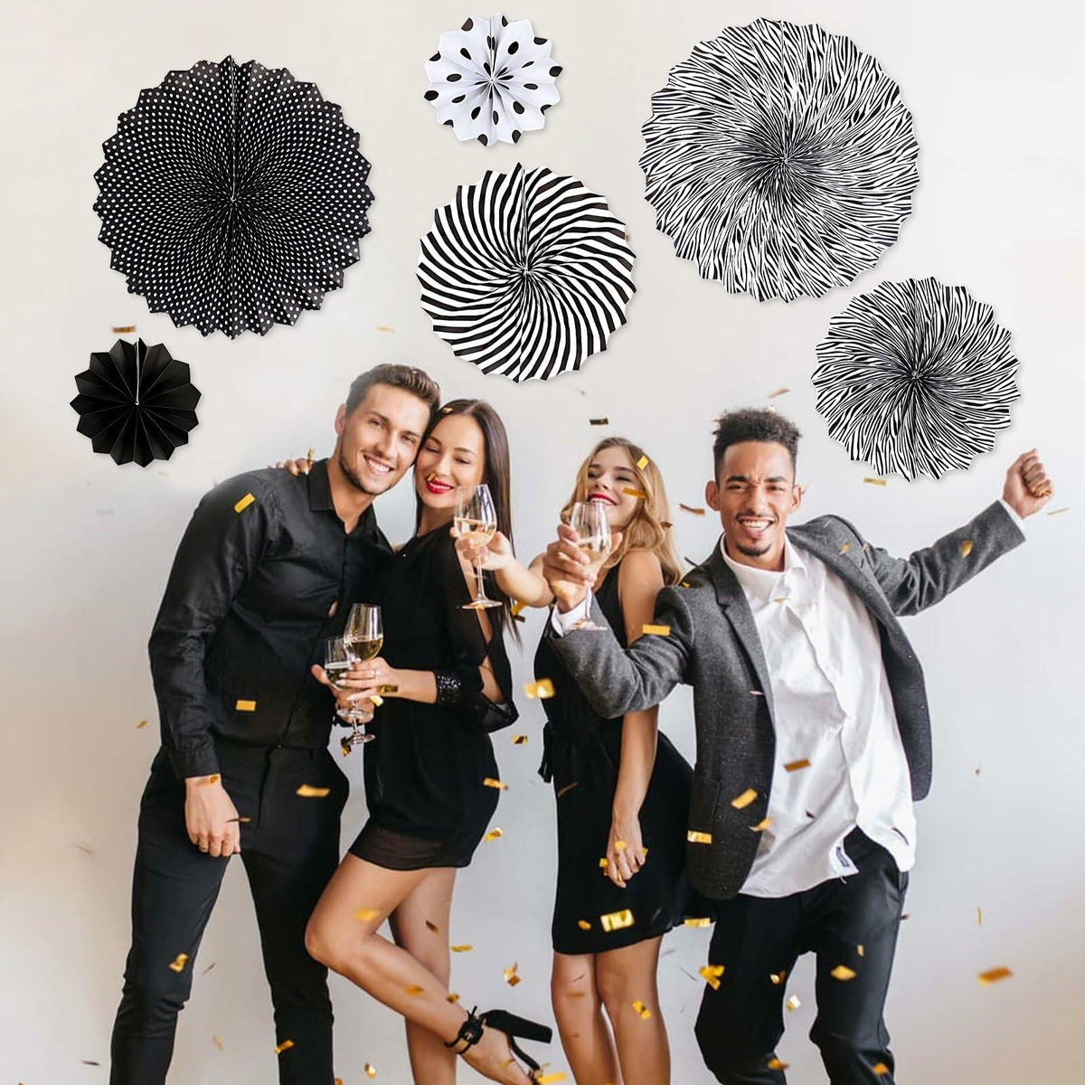 6PCS Black Hanging Paper Fans Party Decorations for Birthday, Wedding & Shower