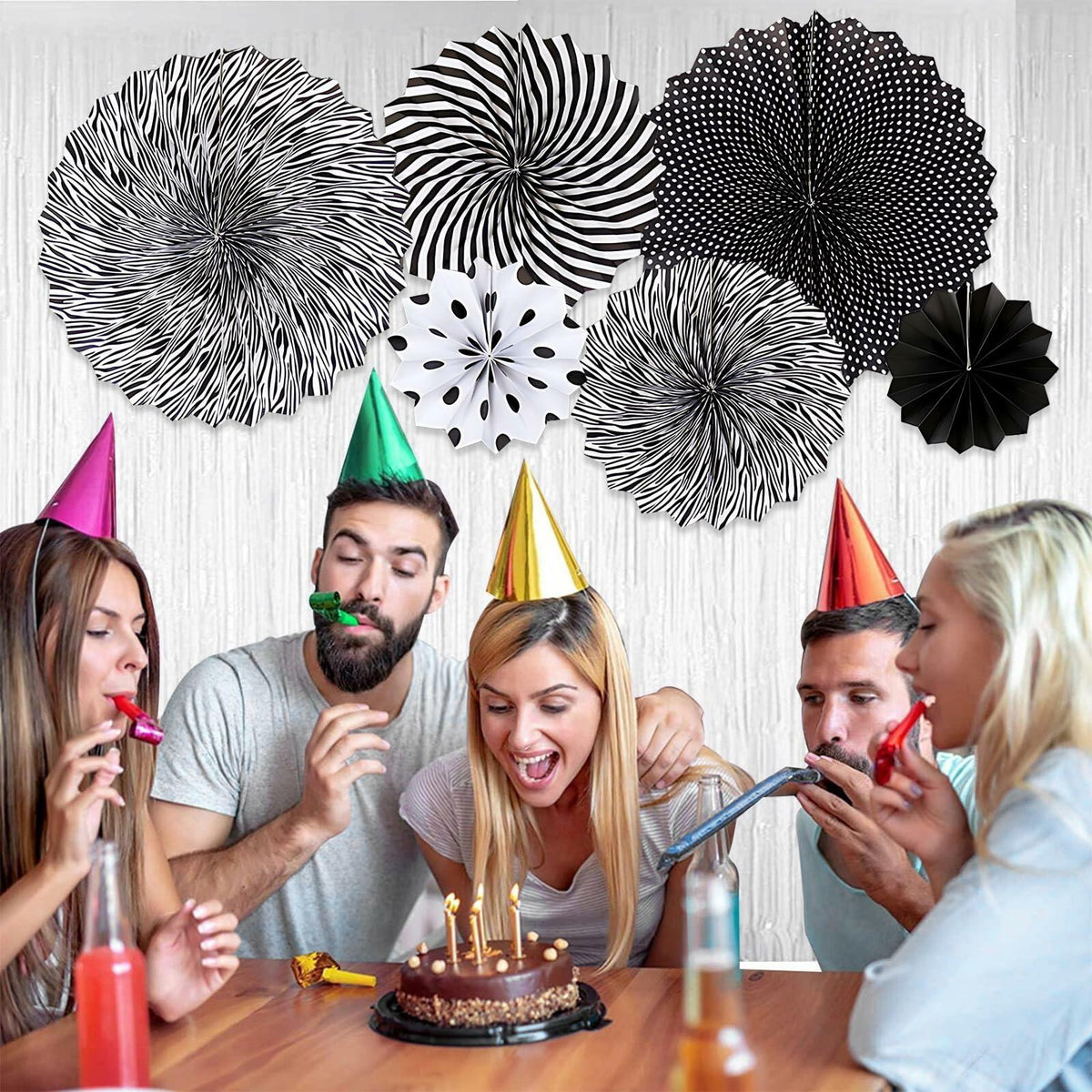 6PCS Black Hanging Paper Fans Party Decorations for Birthday, Wedding & Shower
