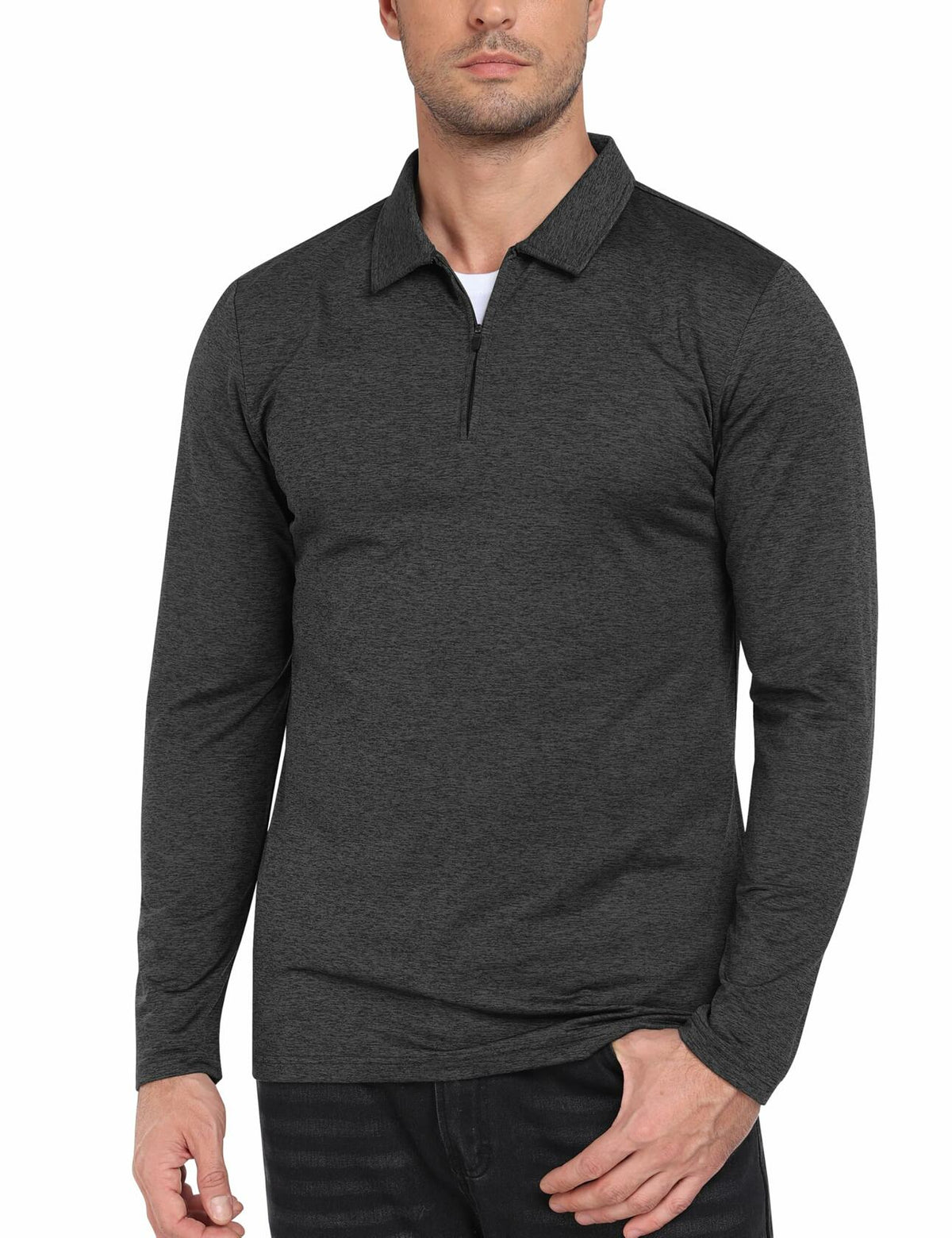MoFiz Men’s Long Sleeve Polo Shirt Quarter-Zip Quick Dry Grey M
