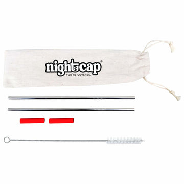 NightCap Straw Kit 2 Reusable Stainless Steel Straws w Brush Pouch Tips
