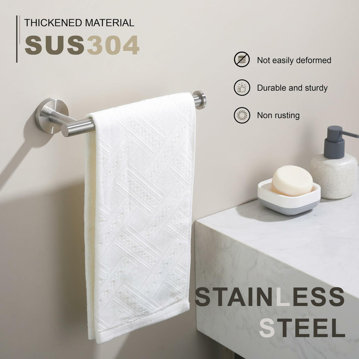 TASTOS Hand Towel Holder Brushed Gold Stainless Steel Wall Mounted 9in
