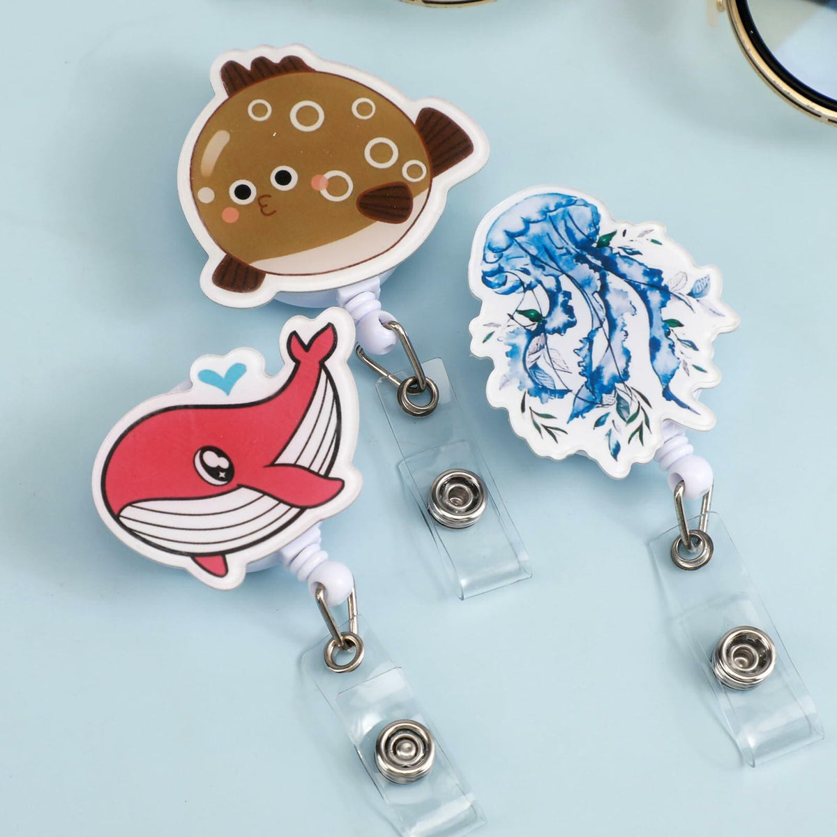 5 Pcs Retractable Badge Reel ID Clip Holder Jellyfish Whale Shark Nurse