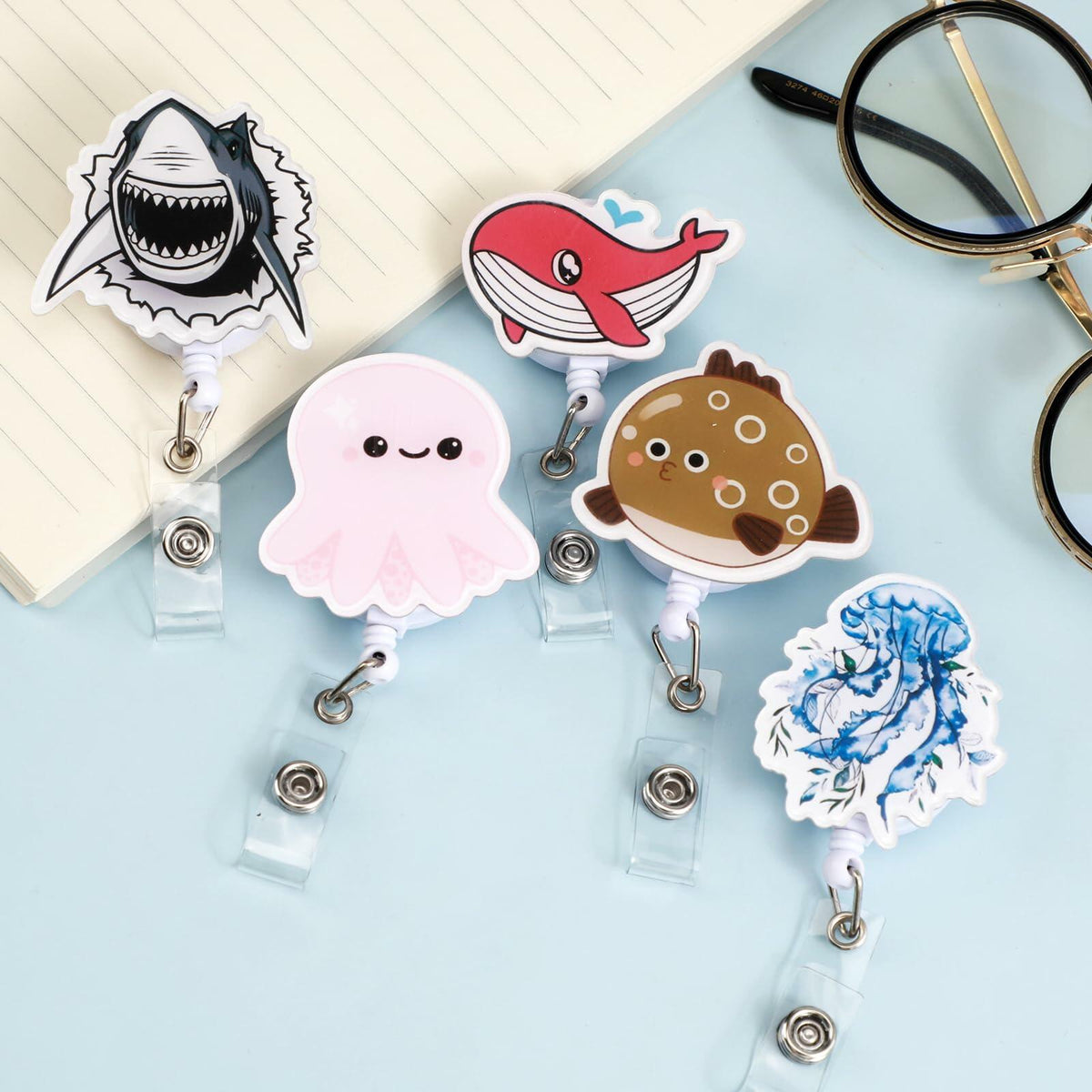 5 Pcs Retractable Badge Reel ID Clip Holder Jellyfish Whale Shark Nurse