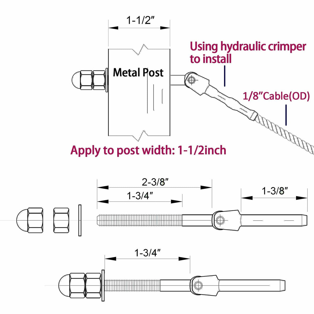 1/8" T316 Stainless Steel Adjustable Cable Railing Kit for 1.5" Metal Post