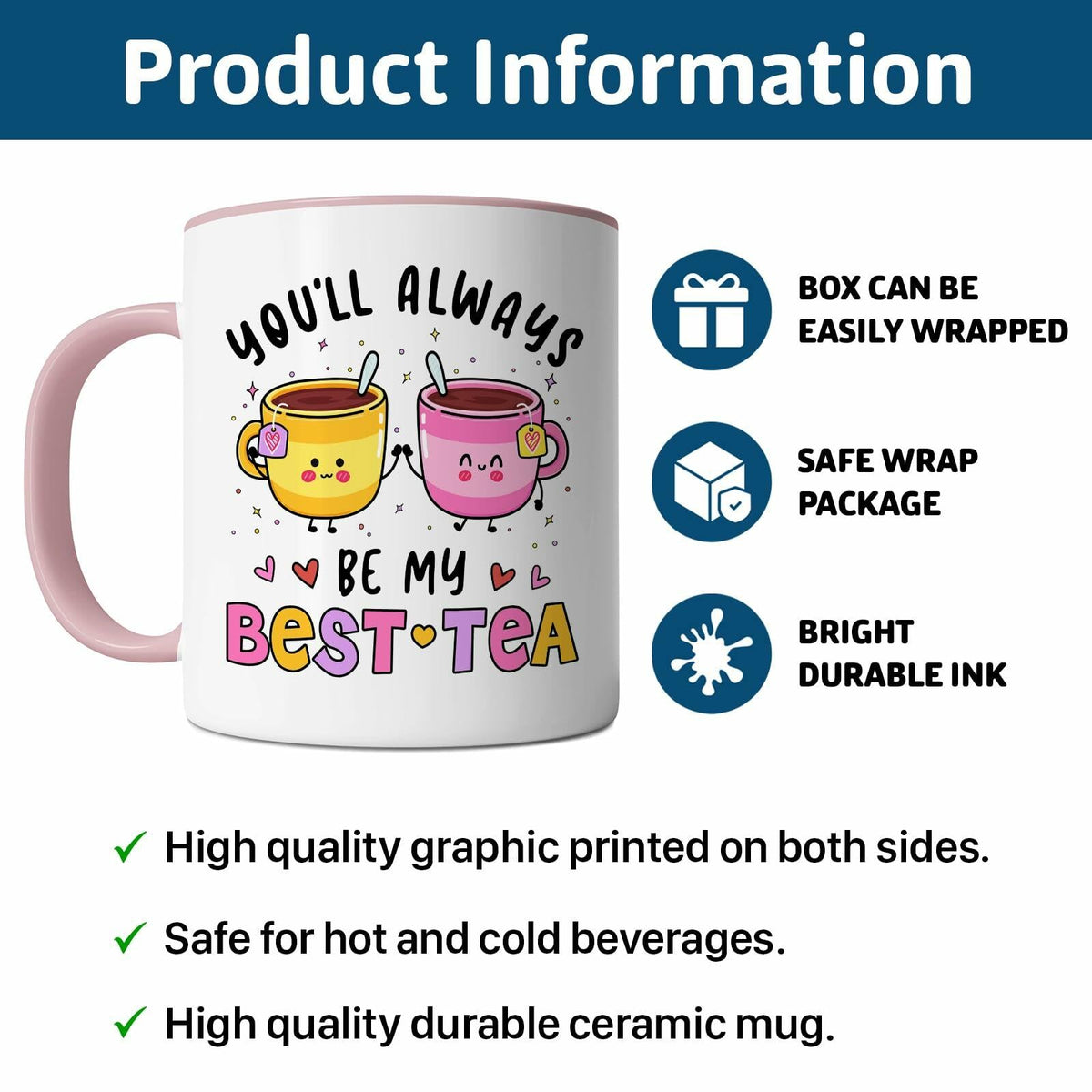 KINAPATO Friend Mug Funny Bestie Gift White Pink 11oz Ceramic
