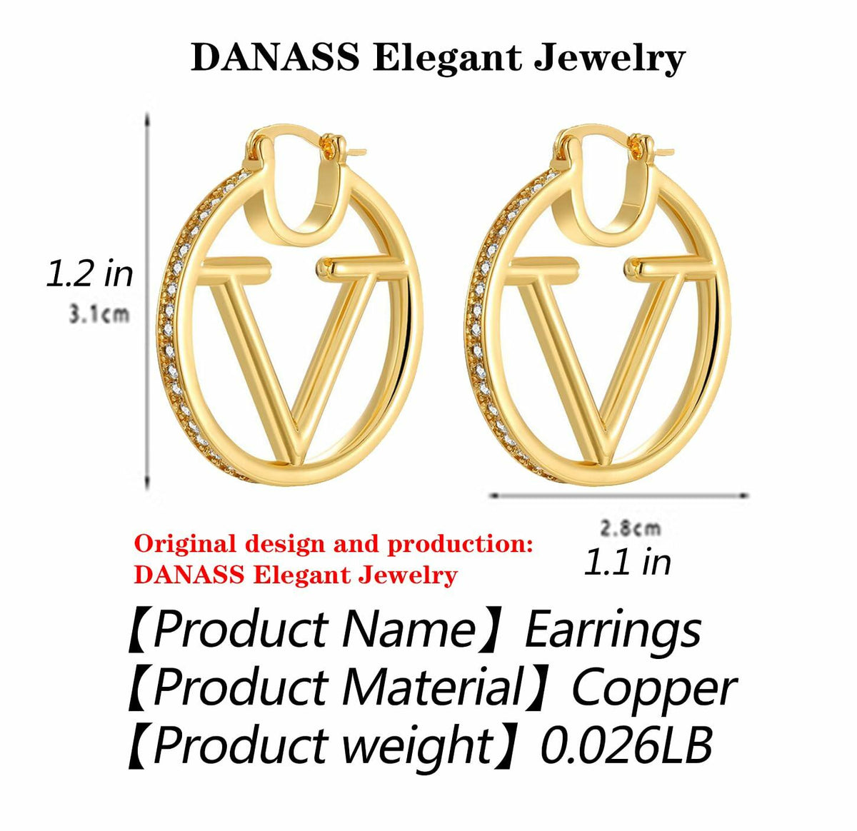 DANASS 18K Gold Luxury V Letter Earrings Women Sisters Elegant Gift