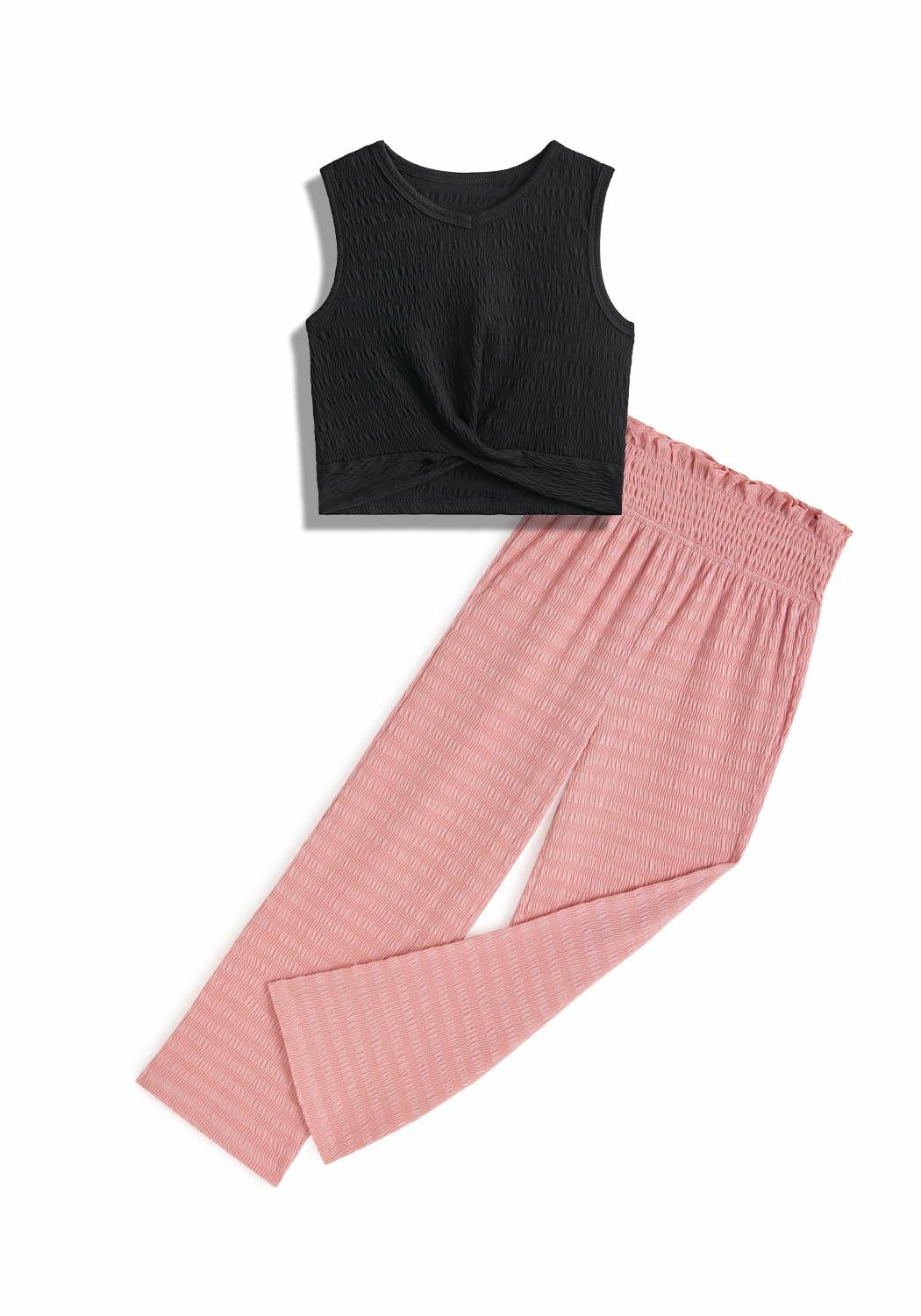 Handfrog Girls 2PC Tie Knot Crop Top & Wide Leg Pants Set Black/Pink Size 7-8Y