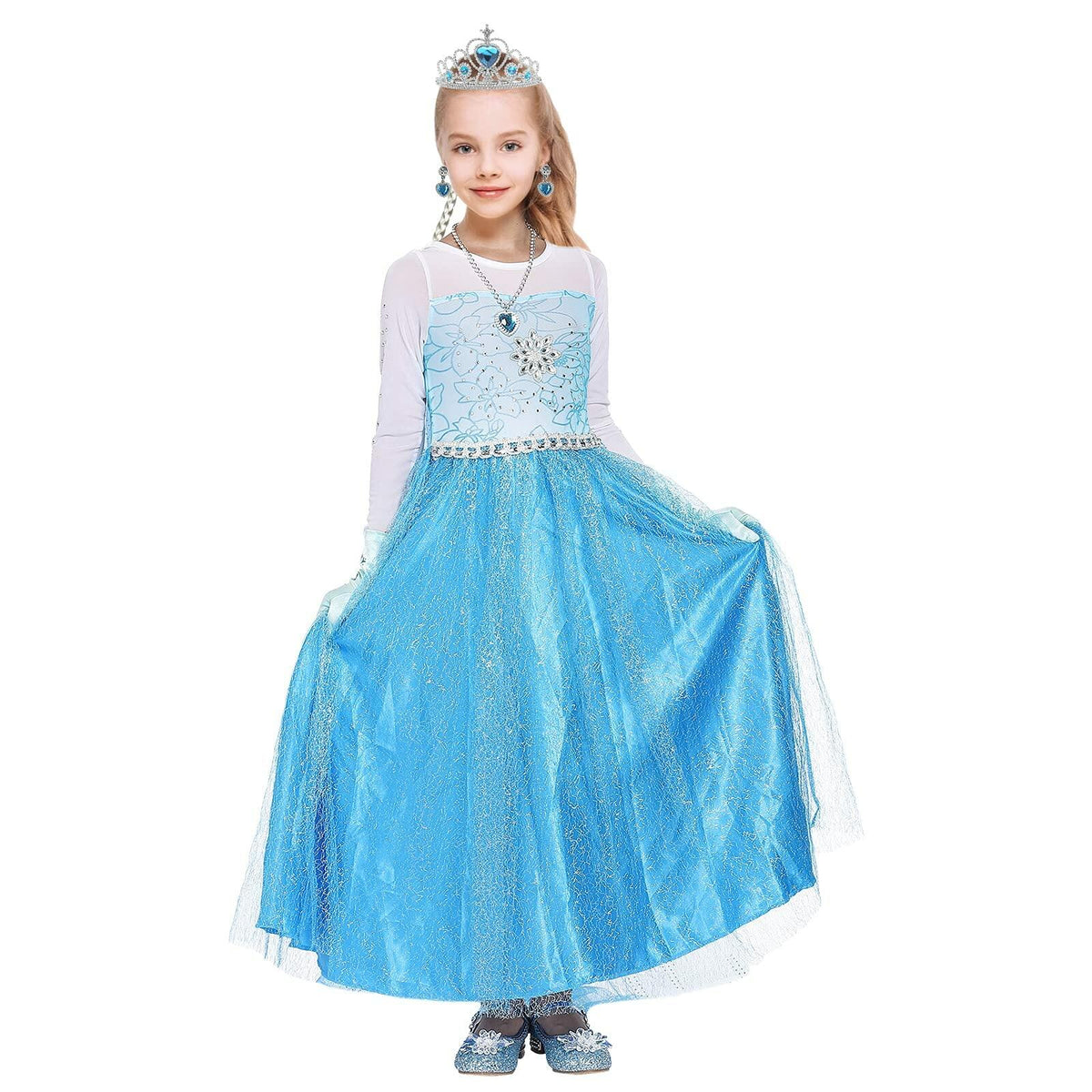 Tackview Girls Princess Costume Dress Blue with Handbag Crown Wand Size M
