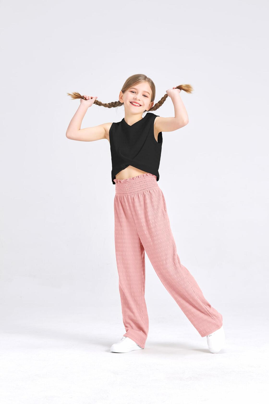 Handfrog Girls 2PC Tie Knot Crop Top & Wide Leg Pants Set Black/Pink Size 7-8Y