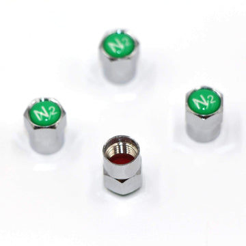 ACCRETION Chrome Brass Valve Stem Caps N2 Nitrogen Logo 4 pcs Red/Silver
