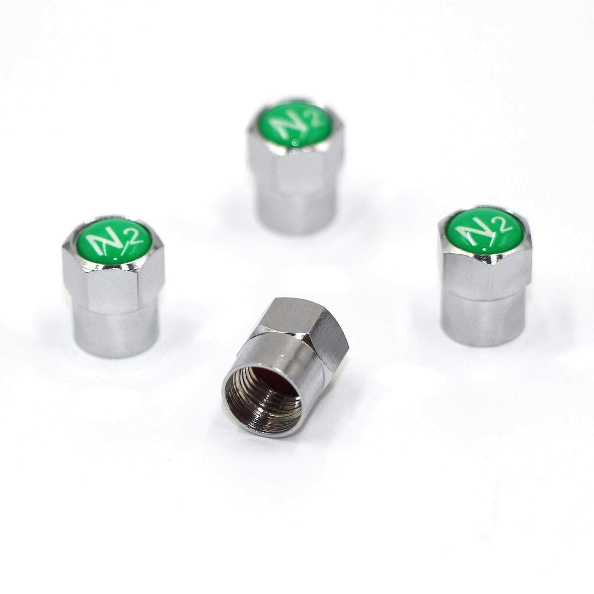 ACCRETION Chrome Brass Valve Stem Caps N2 Nitrogen Logo 4 pcs Red/Silver