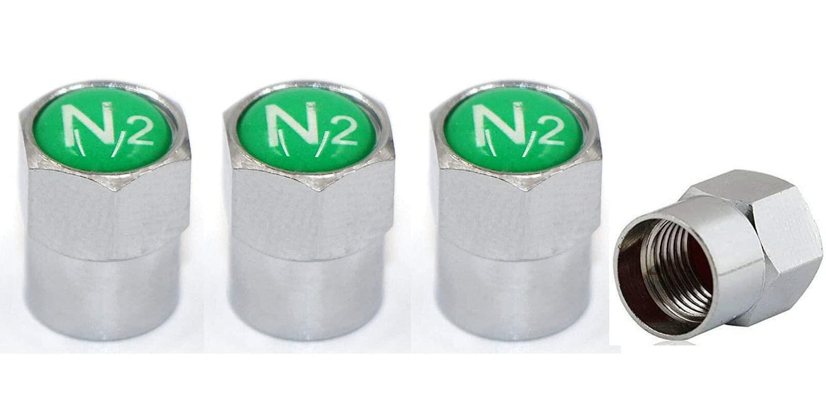 ACCRETION Chrome Brass Valve Stem Caps N2 Nitrogen Logo 4 pcs Red/Silver