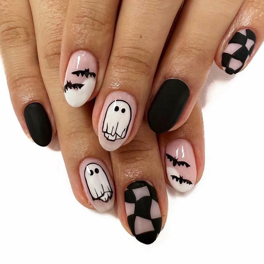 Halloween Press On Nails Short Square Ghost Pumpkin Bat Black Nails