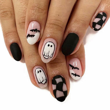 Halloween Press On Nails Short Square Ghost Pumpkin Bat Black Nails