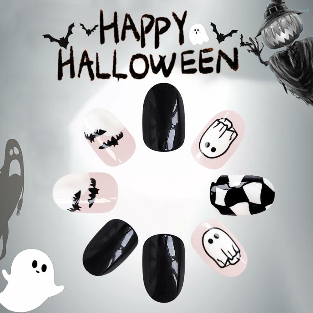 Halloween Press On Nails Short Square Ghost Pumpkin Bat Black Nails