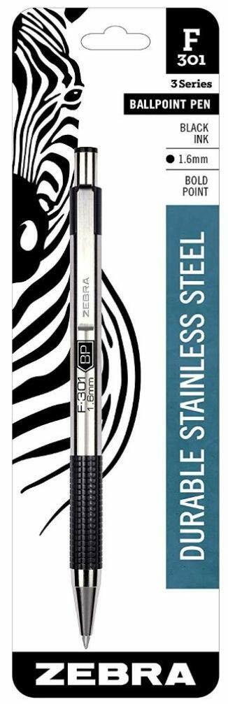 Zebra Pen F-301 Bold 1.6mm Stainless Steel Retractable Ballpoint 1-Pack Black