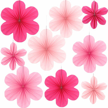 Telooco 9Pcs Pink Paper Fans & Flowers Party Decorations Hanging Set