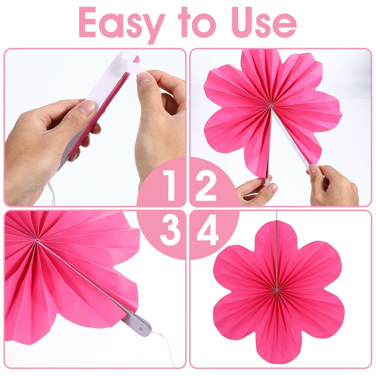 Telooco 9Pcs Pink Paper Fans & Flowers Party Decorations Hanging Set
