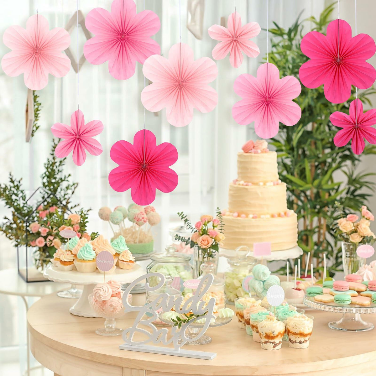 Telooco 9Pcs Pink Paper Fans & Flowers Party Decorations Hanging Set