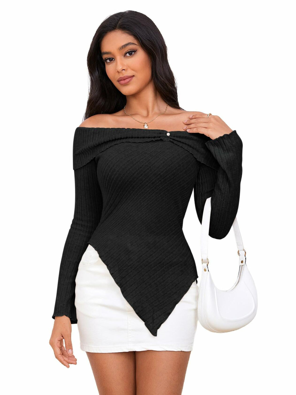 MakeMeChic Y2K Off Shoulder Long Sleeve Knit Top Black Size S