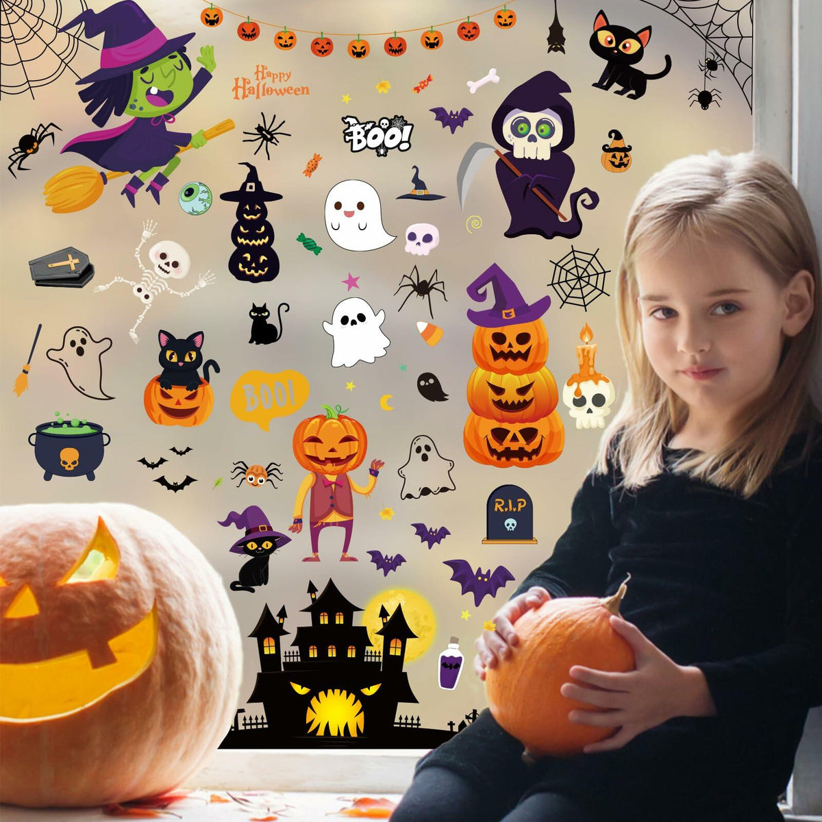 Halloween Decorations 743 PCS Window Clings 10 Sheets Large Double-Sided