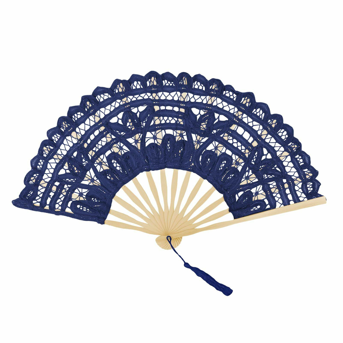 TopTie Dark Blue Lace Folding Fan Bamboo Hand Fan with Tassel