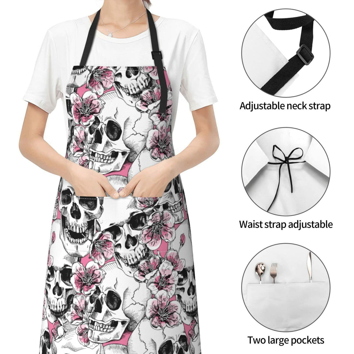 Fenmshairy Sugar Skull Flower Chef Apron Adjustable Neck 2 Pockets One Size