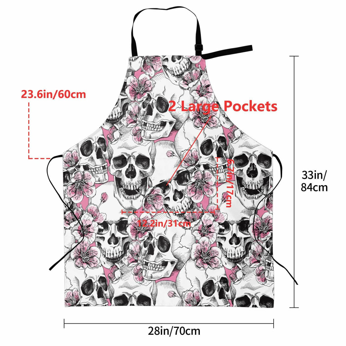Fenmshairy Sugar Skull Flower Chef Apron Adjustable Neck 2 Pockets One Size