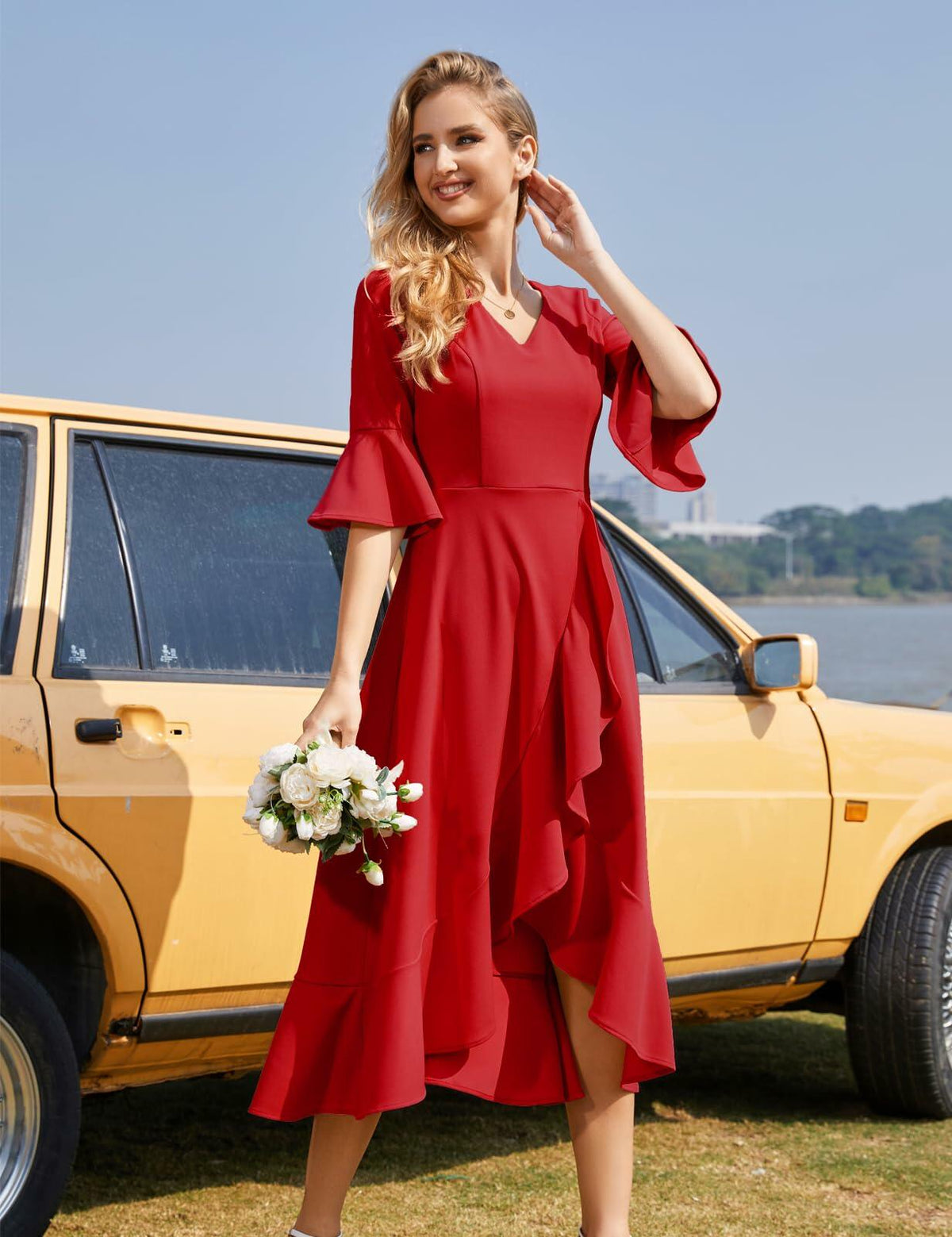 HomRain Elegant Formal Ruffle Hem Dress Red Size 3XL