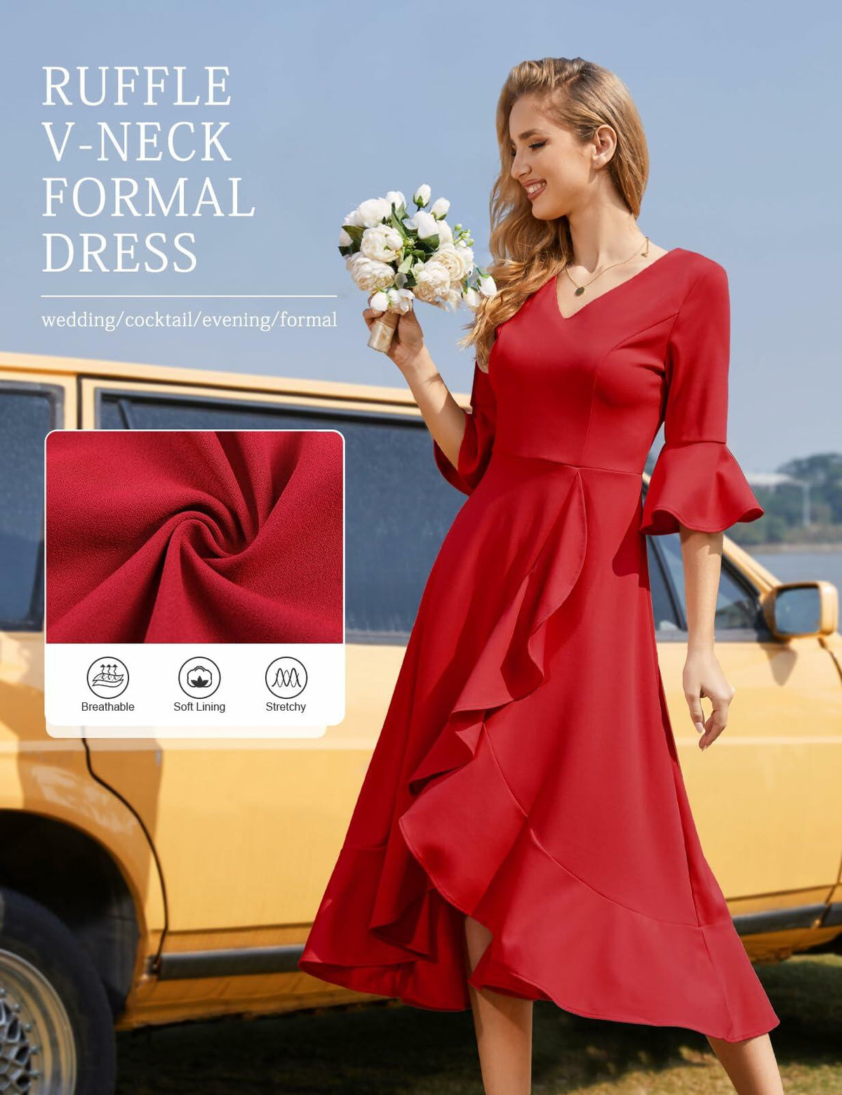 HomRain Elegant Formal Ruffle Hem Dress Red Size 3XL