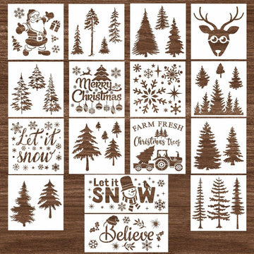 Suartus Christmas Stencils 16pcs Pine Trees Snowflake Elk Santa Reusable