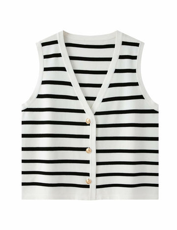 Chevara Women's Sleeveless Striped Sweater Vest V Neck White Size S