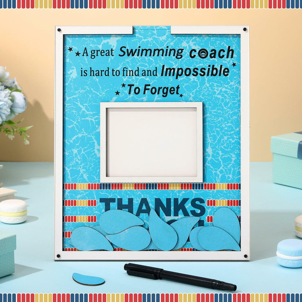 Yuntau Swimming Coach Frame Plaque Blue Wood Chips Signature Pen Gift