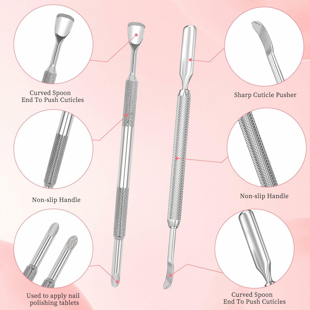 BOMOQING Cuticle Pusher 2PCS & 60 Nail Sand Polishing Tablets Silver Kit