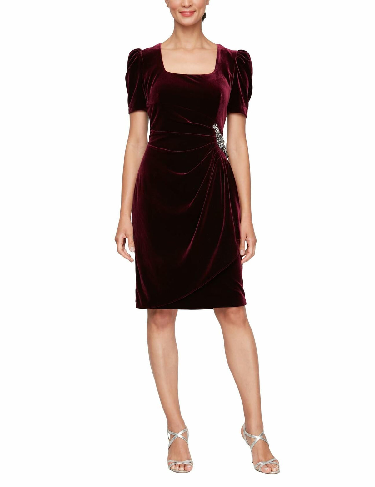 Alex Evenings Women's Velvet Puff Sleeve Cocktail Gown Wine Size 4