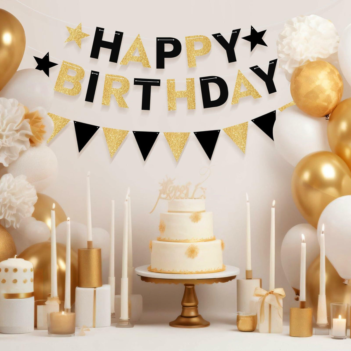 Black and Gold Happy Birthday Banner Pre-Strung Garland for Men Party Decor
