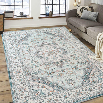 FlyDOIT Vintage 5x8 Blue Floral Medallion Washable Area Rug