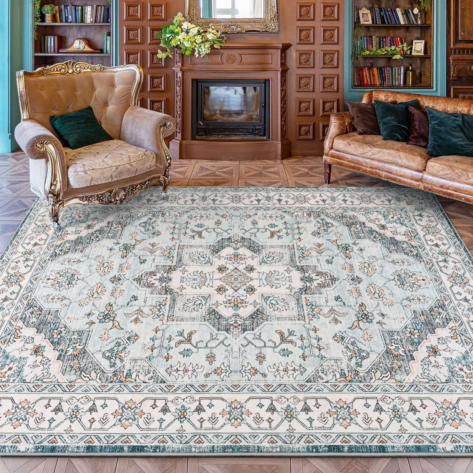 FlyDOIT Vintage 5x8 Blue Floral Medallion Washable Area Rug