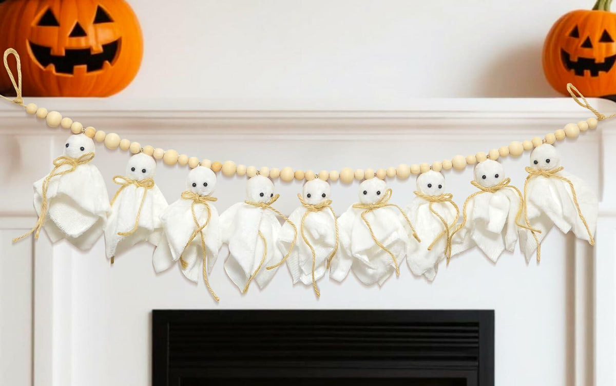 LGGbaodan Handmade Halloween Ghost Wooden Beads Garland 7.2Ft White Decor