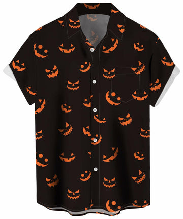 whoinshop Men Halloween Cartoon Button Up Shirt Short Sleeve Smiling Face L