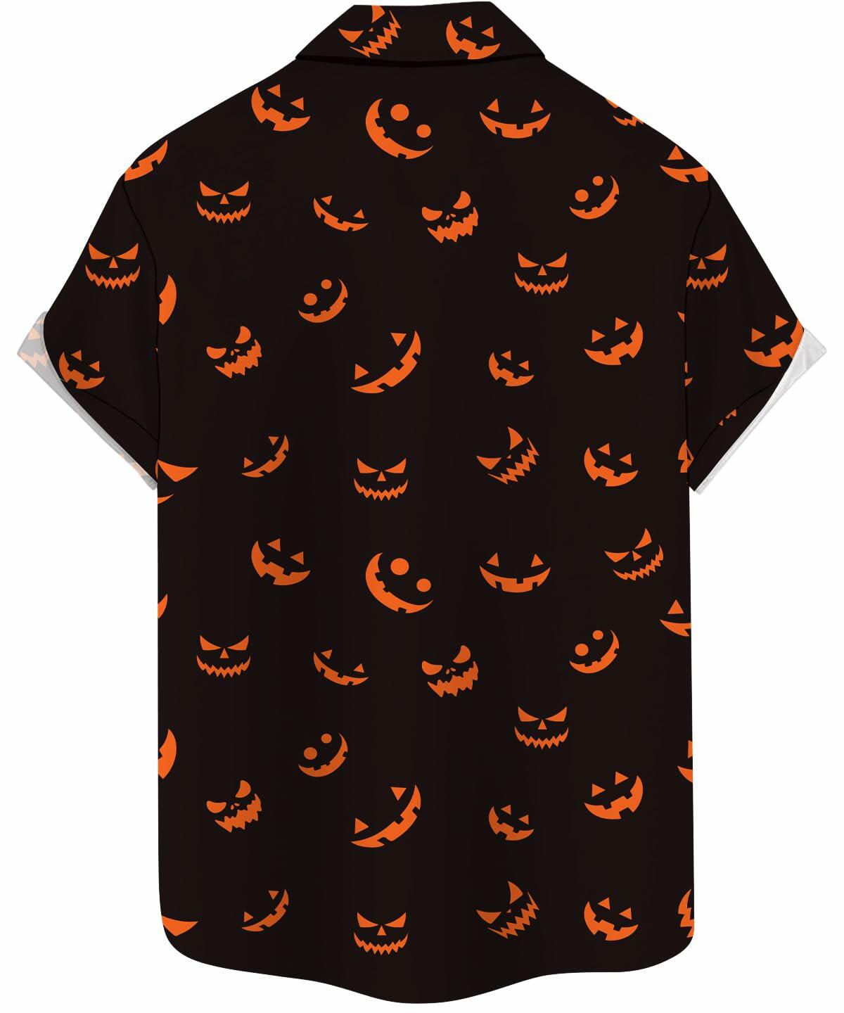 whoinshop Men Halloween Cartoon Button Up Shirt Short Sleeve Smiling Face L