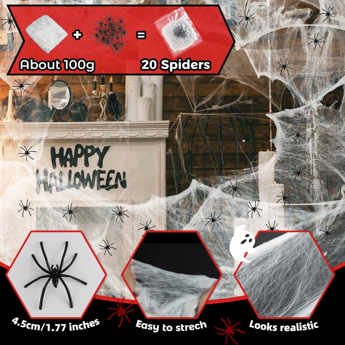 PinCute Halloween Decorations 5 Pack Creepy Cloth 30x72in Black Spider Web