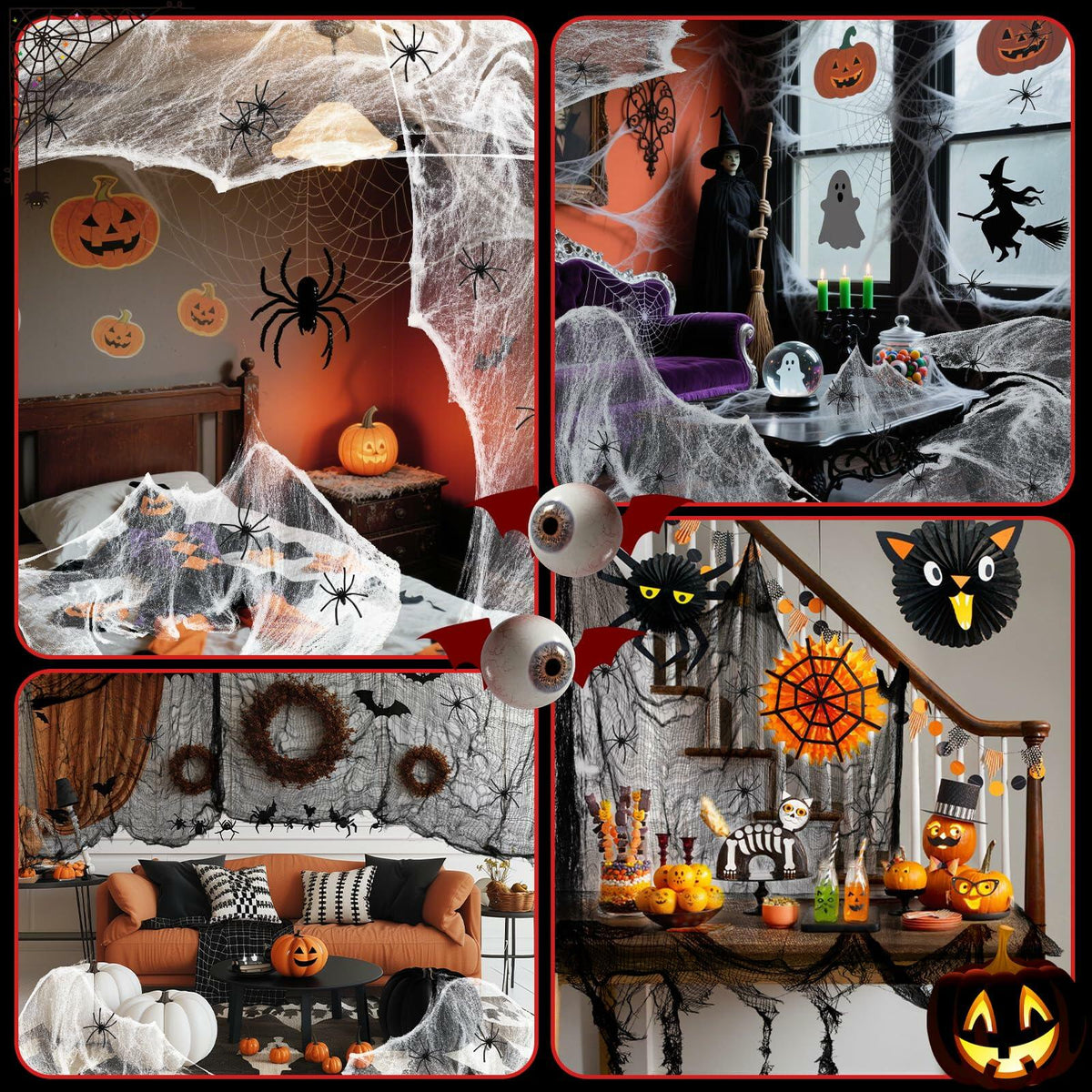 PinCute Halloween Decorations 5 Pack Creepy Cloth 30x72in Black Spider Web