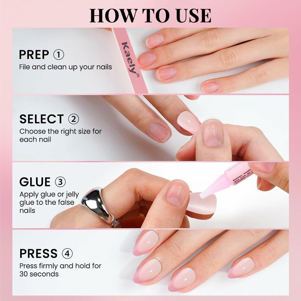 XZMeiLun Rose Pink French Tip Press On Nails Short Almond 30 Pcs