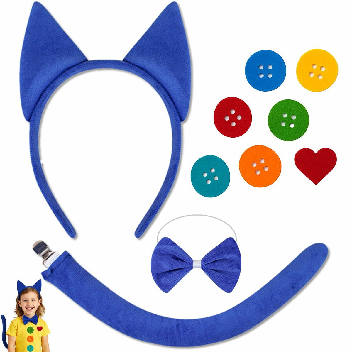 Bonviv Blue Cat Costume Set Ears Bow Tie Tail Kids Adults Halloween