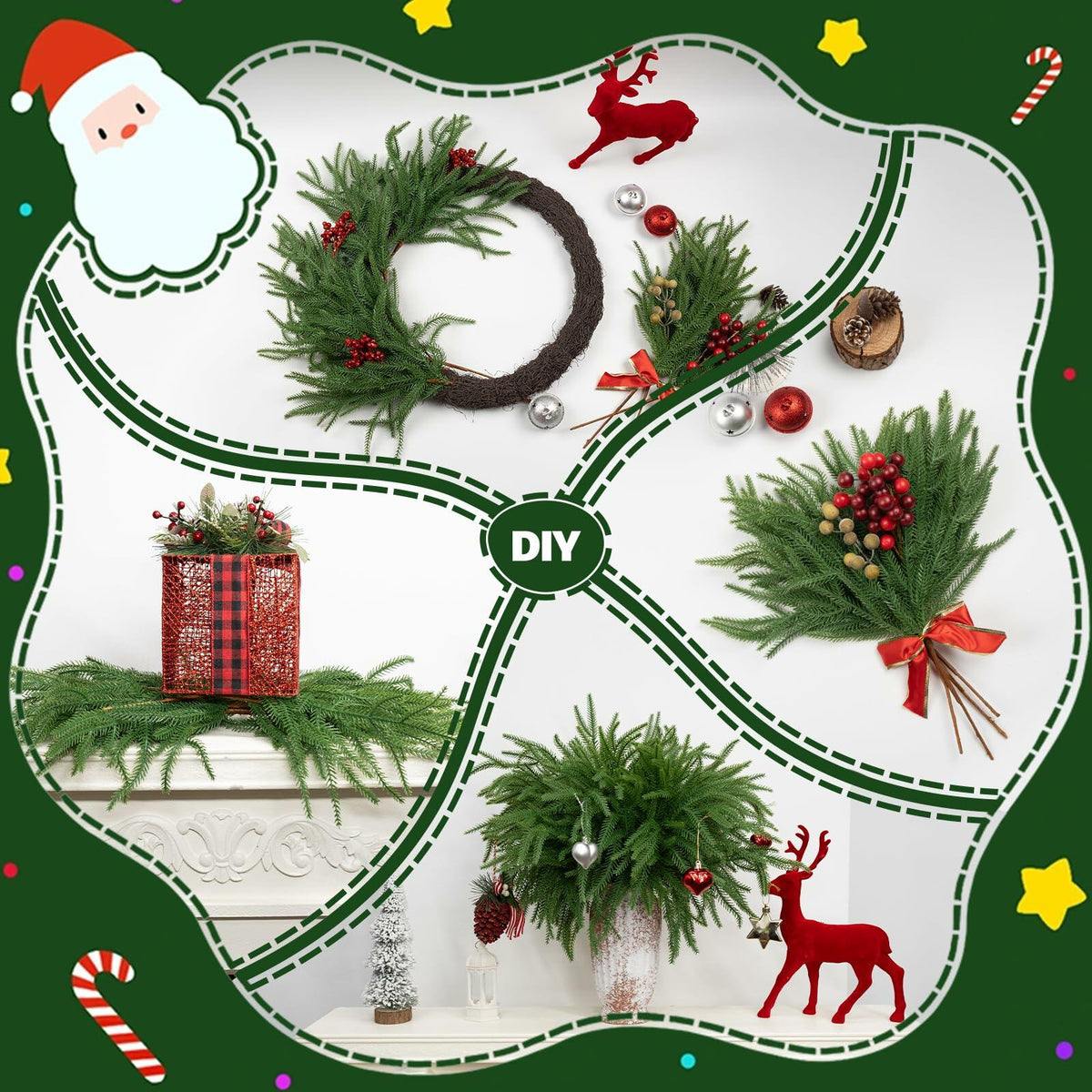 JDKPK 12 Pcs Norfolk Pine Branch 18" Artificial Greenery Green