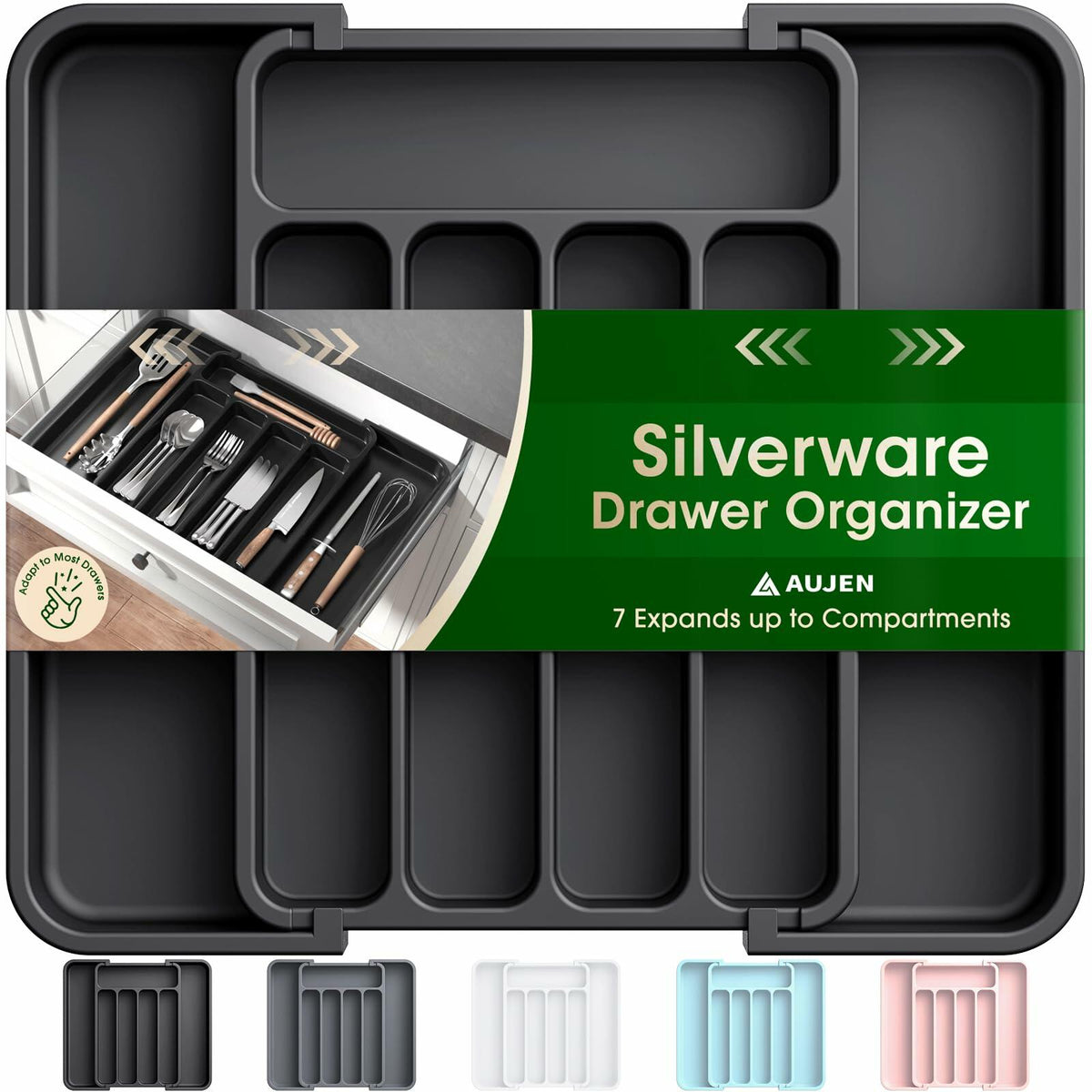 Aujen Expandable Silverware Organizer Kitchen Drawer Tray Black Medium